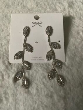 Silver Leaf Drop Earrings with Clear Crystals - Silver 925